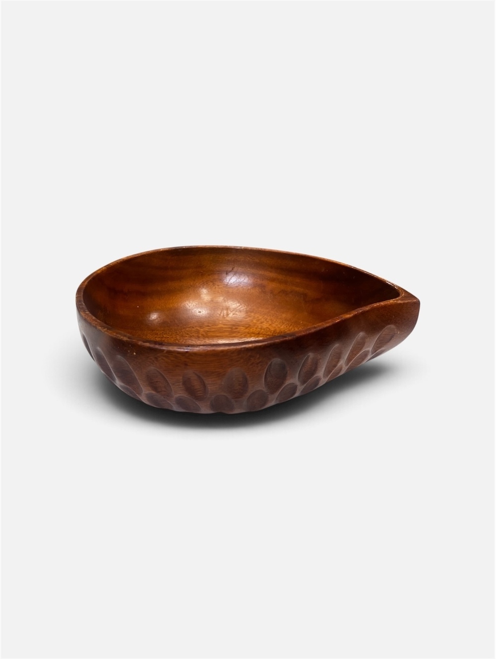 Vintage Hand-Carved Teardrop Wooden Bowl with Dimpled/Scalloped Exterior